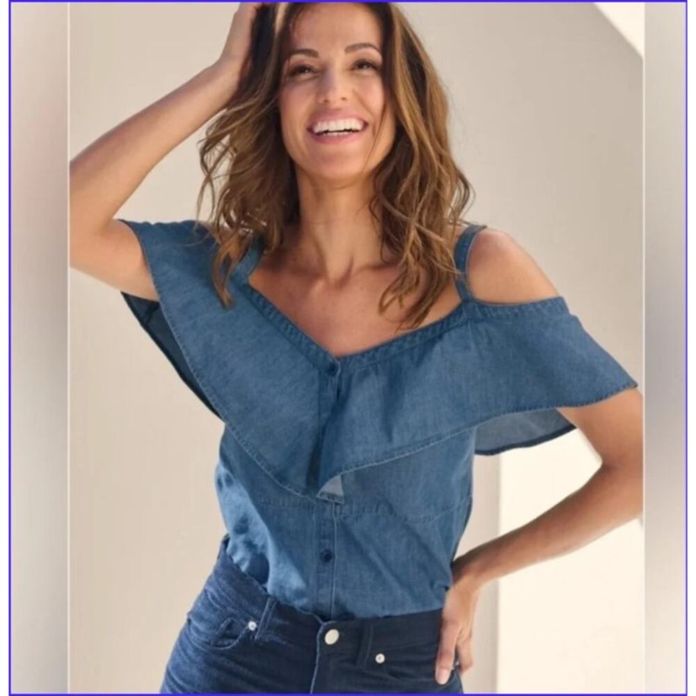 Women's 100% Cotton Denim Ruffled Cold Shoulder / Tank Top, Sz 12 Country Summer